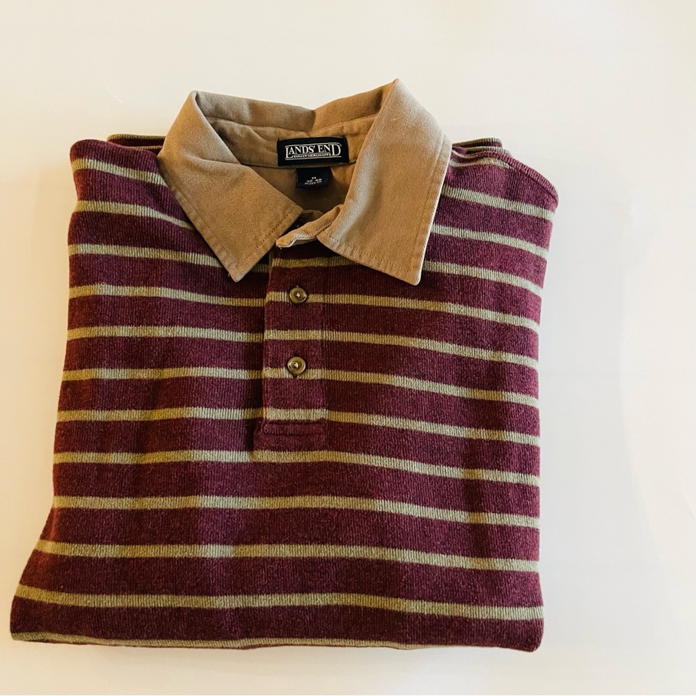 😎Vtg 90s Khaki Green Burgundy Striped Rugby Shirt Thick Cotton Grunge Lands End - Picture 13 of 15